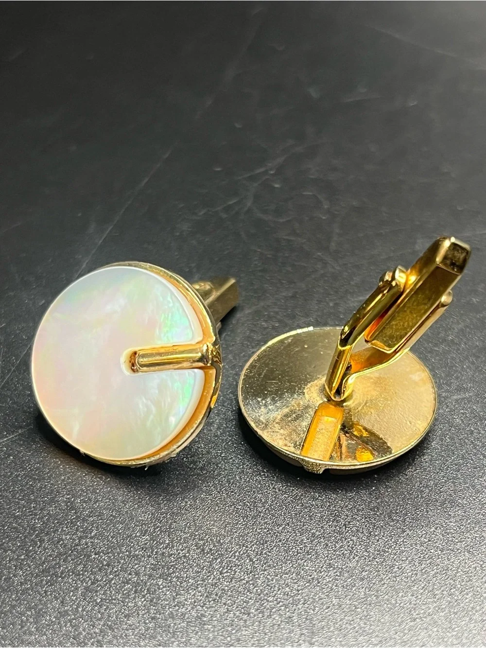 Vintage Gold Tone Mother of Pearl Round Cufflinks Mid Century Men’s Formal